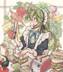 Rule 34 | 1other, absurdres, apron, avocado, black dress, blue eyes, blue ribbon, braid, bread, broccoli, button mushroom, cabbage, carrot, cheese, cooking, dress, food, food-themed background, food pick, frilled apron, frills, fruit, green hair, halo, highres, holding, holding knife, knife, leaf, loaf of bread, long hair, looking up, maid, maid apron, maid headdress, meremero, mushroom, neck ribbon, onion, original, other focus, pea pod, pear, profile, puffy sleeves, red pepper, ribbon, sandwich, solo, tomato, upper body, waist apron, white apron, yellow halo, yui (meremero)