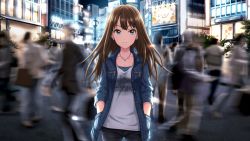 Rule 34 | 10s, 1girl, artist request, blue eyes, brown hair, building, city, clock, collarbone, crowd, denim, denim jacket, earrings, hands in pockets, highres, idolmaster, idolmaster cinderella girls, idolmaster cinderella girls starlight stage, jacket, jeans, jewelry, long hair, looking at viewer, motion blur, necklace, official art, official wallpaper, open clothes, open jacket, outdoors, pants, pavement, print shirt, shibuya rin, shirt, sign, smile, solo focus, source request, unbuttoned, wallpaper, zipper