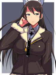 Rule 34 | 1girl, adjusting hair, adolfine galland, animal ears, black eyes, black hair, breasts, brown hair, cat ears, cross, em (totsuzen no hakike), fur trim, grey background, iron cross, jacket, large breasts, long hair, military, military uniform, outside border, simple background, solo, strike witches, telescope, uniform, world witches series