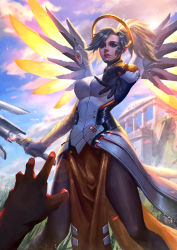 Rule 34 | 1girl, blonde hair, blue eyes, bodysuit, breasts, gloves, halo, high ponytail, highres, large breasts, lips, looking at viewer, mechanical halo, mechanical wings, mercy (overwatch), out of frame, overwatch, overwatch 1, pantyhose, ponytail, pov, short hair, solo focus, wings, x.four, yellow wings