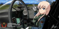 Rule 34 | 1girl, ahoge, aircraft, artist name, blonde hair, blue eyes, breasts, cloud, cockpit, controller, day, delta wing, eurofighter typhoon, female focus, german text, gloves, grass, hanna-justina marseille, helmet, hose, joystick, long hair, looking at viewer, luftwaffe, military, military uniform, outdoors, pilot suit, runway, signature, sitting, sky, smile, solo, strike witches, tree, uniform, upper body, witches of africa, world witches series, zero (73ro)