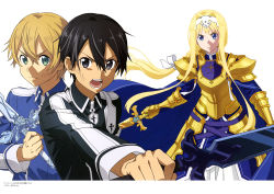 Rule 34 | 1girl, 2boys, absurdres, alice zuberg, armor, artist request, blonde hair, eugeo, highres, holding, holding sword, holding weapon, kirito, multiple boys, sword, sword art online, sword art online: alicization, weapon