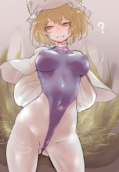 Rule 34 | 1girl, ?, absurdres, animal ears, animal hat, arms behind back, blonde hair, breasts, covered erect nipples, covered navel, cowboy shot, fox ears, fox tail, gluteal fold, grin, hat, highleg, highleg leotard, highres, leotard, looking at viewer, medium breasts, mob cap, multiple tails, mob cap, purple background, purple leotard, q.a. kinshachi, short hair, simple background, smile, solo, tail, touhou, yakumo ran, yellow eyes