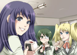 Rule 34 | 3girls, arrow (projectile), arrow in body, arrow in head, bad id, bad pixiv id, blonde hair, blue eyes, blue hair, blush, classroom, coco-nattou, coco (nattou), coffee, eating, eyepatch, food, food on face, fork, green eyes, green hair, grin, hair bobbles, hair ornament, holding, holding fork, hoshino yachiho, indoors, itoi kaede, juice box, lips, lipstick, makeup, multiple girls, narahara kei, noberuge, object through head, onigiri, pinky out, rice, rice on face, school, school uniform, smile, twintails