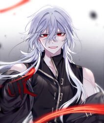 Rule 34 | 1boy, a date with death, bare shoulders, bishounen, black gloves, casper (a date with death), coat, gloves, highres, jacket, long hair, male focus, open mouth, red eyes, sanfangzhu58831, simple background, sleeveless, solo, toned, toned male, upper body, white hair