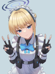 Rule 34 | 1girl, absurdres, apron, belt pouch, black gloves, blonde hair, blue archive, blue bow, blue bowtie, blue eyes, bow, bowtie, braid, braided bun, commentary request, double v, earpiece, expressionless, fingerless gloves, frilled apron, frills, gekhuay, gloves, hair between eyes, hair bun, halo, head tilt, highres, long hair, long sleeves, looking at viewer, maid, maid apron, maid headdress, pouch, shoulder belt, shoulder strap, sidelocks, simple background, solo, toki (blue archive), v, white apron
