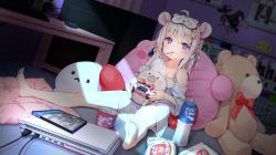 Rule 34 | 1girl, agnamore, ahoge, animal ears, bad id, bad pixiv id, bare shoulders, barefoot, baskin-robbins, bottle, bow, braid, collarbone, commentary request, controller, copyright request, crescent, crescent hair ornament, cup, disposable cup, dithering, dutch angle, figure, full body, game console, game controller, hair ornament, hair ribbon, holding, indoors, keyboard (computer), korean commentary, long hair, monster hunter, monster hunter: world, monster hunter (series), mouse (computer), mouth hold, naked shirt, off shoulder, on floor, oversized clothes, oversized shirt, pillow, playing games, playstation 4, pocari sweat, purple eyes, red bow, ribbon, screen light, shirt, short sleeves, side braid, sitting, sleep mask, snack, soles, solo, stuffed animal, stuffed toy, table, teddy bear, utensil in mouth, water bottle, white hair, white shirt, wide sleeves