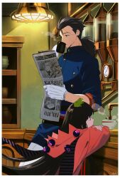Rule 34 | 1boy, 1girl, animal, animal on head, black eyes, black hair, black scarf, blue jacket, blunt bangs, border, coffee, coffee maker, commentary, cup, drinking, expressionless, fate/grand order, fate (series), feet out of frame, frog, gloves, hair slicked back, hanging light, highres, holding, holding cup, holding newspaper, hood, hood down, hoodie, indoors, jacket, leaning back, long hair, looking at object, low ponytail, newspaper, on head, oryou (fate), oryou (lancer) (fate), pants, pirohi (pirohi214), pouring, reading, red eyes, red hoodie, sakamoto ryouma (fate), sakamoto ryouma (lancer) (fate), scarf, shelf, sleeves past elbows, symbol-only commentary, takasugi shinsaku (fate), upper body, white border, white gloves, white pants