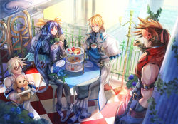 Rule 34 | 1girl, 3boys, asymmetrical wings, blonde hair, blue eyes, blue flower, blue hair, blue rose, brown hair, cake, cup, cupcake, dessert, dizzy (guilty gear), dog, eyepatch, family, father and daughter, father and son, flower, food, guilty gear, guilty gear xrd, hand in pocket, husband and wife, ky kiske, crossed legs, long hair, mother and son, multiple boys, plant, red eyes, rose, shinrin kusaba, short hair, sin kiske, sitting, sitting on object, sol badguy, sunlight, tea, teacup, twintails, wings
