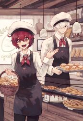 Rule 34 | 1boy, 1girl, :d, ae-3803, ahoge, alternate costume, apron, artist name, baguette, bakery, basket, black apron, black eyes, black pants, bread, bread bun, breasts, brown eyes, cake, ceiling light, chef hat, commentary, counter, cowboy shot, croissant, cutting board, display case, dress shirt, empty eyes, english commentary, fenori, food, hair between eyes, hair over one eye, hat, hataraku saibou, highres, holding, holding basket, holding food, holding tray, indoors, light blush, long sleeves, looking at another, looking at viewer, neckerchief, open mouth, outstretched hand, pants, parted lips, pie, plate, raised eyebrows, red blood cell (hataraku saibou), red hair, red neckerchief, shelf, shirt, shop, short hair, sign, signature, small breasts, smile, standing, teeth, tray, u-1146, upper teeth only, very short hair, white blood cell (hataraku saibou), white hair, white headwear, white shirt, wicker basket, window, wooden ceiling, wooden wall