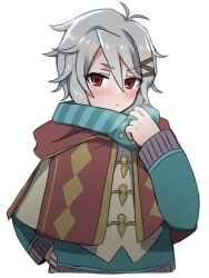 Rule 34 | 1boy, adjusting clothes, antenna hair, apo 518, blush, breath, closed mouth, grey hair, hair between eyes, hand on own hip, hand up, highres, julian (rune factory), long sleeves, male focus, red eyes, rune factory, rune factory 4, short hair, simple background, solo, white background