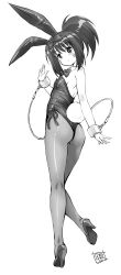 Rule 34 | 1girl, animal ears, ass, blush, bow, cuffs, fake animal ears, fake tail, flat chest, from behind, greyscale, hair bow, highres, kamogawa tanuki, kunihiro hajime, leotard, long hair, looking at viewer, looking back, monochrome, pantyhose, playboy bunny, ponytail, rabbit ears, rabbit tail, saki (manga), shackles, simple background, smile, standing, star (symbol), star tattoo, strapless, strapless leotard, tail, tattoo, white background