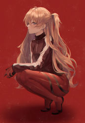 Rule 34 | 1girl, bodysuit, brown jacket, closed mouth, commentary request, expressionless, full body, grey eyes, hinaki (hinaki 0102), jacket, long hair, long sleeves, looking at viewer, neon genesis evangelion, one side up, orange hair, own hands together, plugsuit, red background, red bodysuit, simple background, solo, souryuu asuka langley, squatting, track jacket, very long hair