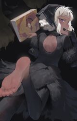 Rule 34 | 1boy, absurdres, barefoot, black background, black dress, black leggings, book, braid, dress, dungeon meshi, fangs, feet, foreshortening, highres, holding, holding book, leg up, leggings, long sleeves, looking at viewer, lying, maratang, on stomach, open mouth, purple eyes, simple background, smile, solo, the pose, thistle (dungeon meshi), trap, white hair, winged lion (dungeon meshi)
