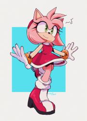 Rule 34 | 1girl, amy rose, animal ears, animal nose, artist name, bangle, blue background, boots, border, bracelet, commentary, commentary request, dress, eighth note, english commentary, full body, furry, furry female, gloves, green eyes, hairband, hedgehog ears, high heel boots, high heels, highres, jewelry, looking to the side, musical note, outside border, peachitango, pink fur, pink hair, platform footwear, red dress, red footwear, red hairband, short dress, short hair, signature, simple background, sleeveless, smile, solo, sonic (series), standing, standing on one leg, umbrella-flared dress, white border, white gloves