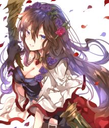 Rule 34 | 10s, 1girl, asada sadao, bad id, bad tumblr id, blue hair, breasts, cleavage, flower, gloves, granblue fantasy, hair flower, hair ornament, highres, jewelry, large breasts, long hair, navel, necklace, petals, purple eyes, rose, rose petals, rosetta (granblue fantasy), smile, solo, white background