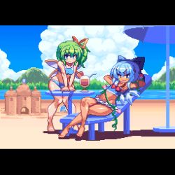 Rule 34 | &gt;:), 2girls, animated, animated gif, arms behind head, barefoot, beach, beach chair, beach umbrella, bikini, blinking, blue bikini, blue bow, blue eyes, blue hair, blue sky, bow, breasts, chair, cirno, cloud, crossed legs, cup, daiyousei, day, drinking glass, drinking straw, facing viewer, fairy wings, flat chest, flower, frilled bikini, frills, full body, green hair, hair bow, hair ribbon, hidden star in four seasons, ice, ice wings, knees together feet apart, letterboxed, looking at viewer, lounge chair, medium breasts, migel futoshi, morning glory, mountainous horizon, multiple girls, naughty face, outdoors, pixel art, plant, ribbon, sand, sand castle, sand sculpture, short hair, side ponytail, sitting, sky, small breasts, smile, standing, sunlight, swimsuit, table, tan, tanned cirno, touhou, umbrella, v-shaped eyebrows, v arms, vines, wings