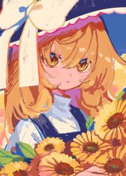 Rule 34 | 1girl, black dress, black hat, blonde hair, blush, bouquet, bow, brown eyes, dress, e sdss, flower, hat, hat bow, highres, holding, holding bouquet, kirisame marisa, looking at viewer, parted lips, portrait, solo, sunflower, touhou, white bow, witch hat