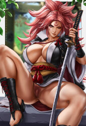 Rule 34 | 1girl, amputee, arm guards, baiken, bandages, big hair, black footwear, black jacket, black kimono, blurry, blurry background, breasts, cleavage, covered erect nipples, curvy, dandon fuga, facial tattoo, guilty gear, guilty gear xrd, highres, holding, holding sword, holding weapon, huge breasts, jacket, jacket on shoulders, japanese clothes, kataginu, katana, kimono, large breasts, leaf, long hair, looking at viewer, multicolored clothes, multicolored kimono, obi, one-eyed, one eye closed, open clothes, open kimono, pink hair, pinup (style), ponytail, pubic hair, pussy, red eyes, rope, sandals, sash, scar, scar across eye, scar on face, sitting, smirk, spread legs, sword, tattoo, thighs, toes, weapon, white kimono, wide sleeves