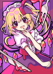 Rule 34 | 1girl, :d, blonde hair, blush, cowboy shot, flandre scarlet, fork, hat, heart, heart-shaped pupils, highres, knife, kyouda suzuka, long hair, looking at viewer, mob cap, nail polish, one side up, open mouth, pink background, puffy short sleeves, puffy sleeves, purple background, purple eyes, red nails, red neckwear, red skirt, red vest, shirt, short sleeves, skirt, skirt set, smile, solo, standing, striped, striped background, symbol-shaped pupils, teeth, touhou, twitter username, two-tone background, upper teeth only, vest, white hat, white shirt, wings