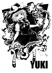 Rule 34 | 1girl, black dress, black footwear, bow, character name, dated, dress, english text, greyscale, hat, hat bow, heran hei mao, looking at viewer, mary janes, monochrome, open mouth, round teeth, shoes, short hair, short sleeves, slit pupils, smile, smoke, solo, teeth, touhou, touhou (pc-98), v-shaped eyebrows, white background, yuki (touhou)