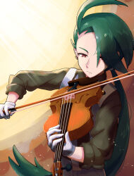 Rule 34 | 1girl, ahoge, alternate color, androgynous, bow (music), brown shirt, creatures (company), ear piercing, earrings, game freak, gloves, green hair, highres, holding, holding bow (music), holding instrument, holding violin, instrument, jewelry, music, naminori (pixiv39611187), nintendo, piercing, playing instrument, pokemon, pokemon masters ex, red eyes, rika (pokemon), shirt, solo, suspenders, upper body, violin, white gloves