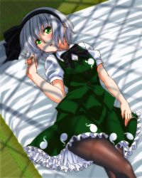 Rule 34 | 1girl, bow, bowtie, dress, frilled dress, frills, from above, futon, green eyes, hair ribbon, hairband, highres, indoors, konpaku youmu, konpaku youmu (ghost), looking away, lying, on back, pantyhose, parted lips, puffy short sleeves, puffy sleeves, ribbon, short hair, short sleeves, silver hair, solo, tatami, tatsuya (guild plus), touhou, vest, window shadow
