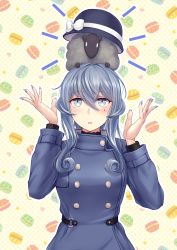 Rule 34 | 1girl, absurdres, arms up, black sheep, black shirt, blue coat, blue eyes, blue hair, blue nails, blush, bow, breasts, buttons, coat, collared coat, commentary request, cuffs, curly hair, double-breasted, gotland (kancolle), hat, hat bow, highres, kantai collection, long hair, looking up, medium breasts, military, military uniform, mole, mole under eye, nail art, nail polish, on head, patterned background, ryu-akt, sheep, shirt, uniform