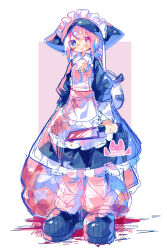 Rule 34 | 1boy, absurdres, apron, back bow, bag, bell, black dress, black footwear, black veil, blood, blood on apron, blood on bag, blood on clothes, blood on face, blood on ground, blood splatter, blood stain, bloody bag, bloody knife, bloody weapon, blue eyes, blush, bow, bright pupils, collarbone, commentary request, crossdressing, dress, frilled dress, frills, full body, heterochromia, highres, holding, holding knife, holding weapon, knife, layered sleeves, leg warmers, long sleeves, looking at viewer, maid, maid headdress, male focus, male maid, open mouth, original, pink bow, pink eyes, pink hair, pink leg warmers, ponytail, raito-kun (uenomigi), short hair, short hair with long locks, short over long sleeves, short sleeves, simple background, smile, solo, tagme, trap, uenomigi, underdress, veil, weapon, white apron, white background, white dress, white headdress, white pupils