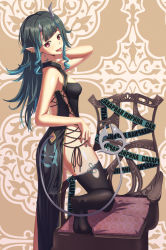 Rule 34 | 1girl, nanashi inc., alternate breast size, alternate costume, ass, black dress, black hair, black legwear, blue hair, blush, breasts, chair, china dress, chinese clothes, commentary request, cross-laced clothes, cross-laced dress, demon girl, demon horns, demon tail, dress, fang, foot out of frame, highres, horns, long hair, looking at viewer, looking back, medium breasts, multicolored hair, no shoes, open mouth, pointy ears, red eyes, russian text, shiny skin, shishio chris, solo, sone (cortisone), sugar lyric, tail, tongue, tongue out, two-tone hair, virtual youtuber