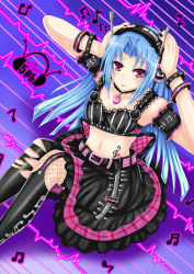 Rule 34 | 10s, 1girl, 5pb (neptunia), absurdres, blue hair, boots, character name, fishnet pantyhose, fishnets, gradient background, headphones, highres, honke ganso, long hair, looking at viewer, nail polish, navel, neptune (series), pantyhose, purple eyes, smile, solo, striped, striped background, tattoo