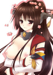 Rule 34 | 10s, 1girl, bad id, bad pixiv id, blush, breasts, breasts out, brown eyes, brown hair, cherry blossoms, choker, detached sleeves, flower, frown, hair flower, hair ornament, kantai collection, large breasts, long hair, nipples, open clothes, open shirt, petals, ponytail, shijuubanki, shirt, simple background, solo, tassel, very long hair, white background, yamato (kancolle)