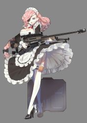 Rule 34 | 1girl, amera, bad id, bad twitter id, blue eyes, bow, braid, carrying, eyepatch, floating hair, frilled skirt, frills, full body, garter straps, gun, hair bow, high heels, long hair, long sleeves, maid, maid headdress, parted lips, rifle, scar, scar on face, skirt, sleeve cuffs, solo, standing, thighhighs, weapon, white thighhighs, wind, wind lift