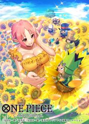 Rule 34 | 4boys, 4girls, 5koji, arthropod girl, bandai, blan (one piece), blonde hair, blue hair, blue sky, bomba (one piece), braid, breasts, breasts squeezed together, brown eyes, cleavage, copyright name, cotton (one piece), dress, field, floating hair, flower, flower field, gloves, happy, hat, highres, inhel (one piece), insect wings, large breasts, long hair, looking at viewer, mansherry (one piece), multiple boys, multiple girls, official art, one piece, pink eyes, pink hair, pirate hat, rambo (one piece), rebecca (one piece), shiny skin, single braid, skirt, sky, smile, standing, sunflower, tail, tree, wicca, wide hips, wings