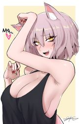 Rule 34 | 1girl, animal ear fluff, animal ears, black tank top, breasts, cat ears, cleavage, commentary request, fate/grand order, fate (series), grey hair, j.k., jeanne d&#039;arc (fate), jeanne d&#039;arc alter (avenger) (fate), jeanne d&#039;arc alter (fate), kemonomimi mode, large breasts, looking at viewer, nail polish, open mouth, red nails, short hair, signature, smile, solo, tank top, teeth, yellow eyes