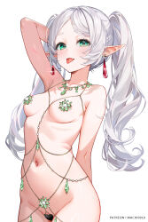 Rule 34 | 1girl, :p, arm behind head, belly chain, blush, breasts, commentary request, covered erect nipples, drop earrings, earrings, elf, frieren, gem, green eyes, green gemstone, grey hair, heart maebari, highres, jewelry, long hair, looking at viewer, machi (7769), maebari, navel, necklace, paid reward available, parted bangs, patreon username, pointy ears, short eyebrows, small breasts, solo, sousou no frieren, tongue, tongue out, twintails, white background, white hair