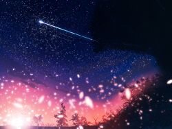 Rule 34 | cloud, commentary request, falling petals, flower, highres, meeu0biss, nature, night, night sky, original, petals, plant, scenery, shooting star, silhouette, sky, star (sky), starry sky, sunset, tree