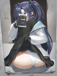 Rule 34 | 1girl, absurdres, ass, black gloves, black skirt, blue archive, blue eyes, blush, breasts, cellphone, clothes lift, gloves, halo, highres, hoyhoy colo, indoors, jacket, lifted by self, long hair, long sleeves, mirror, necktie, open clothes, panties, phone, pleated skirt, purple hair, reflection, selfie, shiny skin, sitting, skirt, skirt lift, smartphone, solo, two side up, underwear, white panties, yuuka (blue archive)