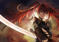 Rule 34 | 1girl, artist name, bare shoulders, detached sleeves, fingerless gloves, fire emblem, fire emblem awakening, gloves, hellyhelly, hellyon white, long hair, nintendo, red eyes, red hair, reverse grip, severa (fire emblem), solo, sword, twintails, watermark, weapon, web address