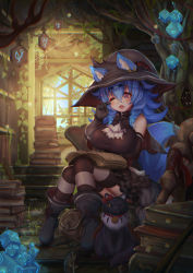 Rule 34 | 1girl, ai gon deroga, animal ear fluff, animal ears, ascot, bag, bare shoulders, bell, blush, book, book stack, boots, bow, breasts, cat, chair, collar, commentary request, cube, drill hair, drooling, ears through headwear, elbow gloves, fantasy, gloves, hair flaps, hat, ivy, jingle bell, large breasts, long hair, neck bell, one eye closed, original, red eyes, rubbing eyes, short eyebrows, sitting, sleepy, staff, striped clothes, striped thighhighs, tail, thick eyebrows, thighhighs, tree, window, witch, witch hat, wolf ears, wolf tail