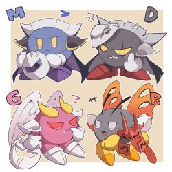 Rule 34 | 1other, 3boys, ?, antennae, armor, black skin, blue skin, blush, border, bug, butterfly wings, cape, colored skin, dark meta knight, evil smile, fang, feathered wings, galacta knight, gloves, gradient wings, highres, holding, holding mask, horned mask, horns, insect wings, kirby: star allies, kirby (series), kirby and the amazing mirror, kirby super star ultra, looking at another, mask, meta knight, mittens, morpho knight, multicolored wings, multiple boys, nintendo, no pupils, open mouth, pauldrons, pink skin, pointing to self, purple footwear, red eyes, red footwear, scar, scar across eye, scar on face, sharp teeth, shoulder armor, simple background, smile, squiggle, subaru331, sweatdrop, teeth, torn cape, torn clothes, unworn mask, white border, white eyes, white footwear, white wings, wings, yellow background, yellow eyes, yellow footwear, yellow gloves, yellow mittens