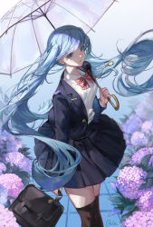 Rule 34 | 1girl, arm at side, artist name, bag, black bag, black jacket, black skirt, black thighhighs, blazer, blue eyes, blue hair, bow, bowtie, breasts, buttons, collared shirt, commentary, earrings, english commentary, feet out of frame, floating hair, flower, hand up, hatsune miku, highres, holding, holding bag, holding umbrella, hydrangea, jacket, jewelry, leaf, long hair, looking at viewer, looking up, medium breasts, outdoors, parted lips, pink bow, pink bowtie, plant, pleated skirt, pocket watch, purple flower, qie, school bag, school uniform, shade, shirt, sideways glance, skirt, solo, standing, stud earrings, thighhighs, transparent, transparent umbrella, twintails, umbrella, very long hair, vocaloid, watch, white shirt