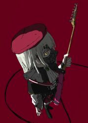 Rule 34 | 1girl, ascot, bang dream!, bang dream! it&#039;s mygo!!!!!, black capelet, black footwear, black mask, capelet, commentary, electric guitar, green brooch, green hair, guitar, hat, highres, holding, holding guitar, holding instrument, instrument, long hair, mask, mouth mask, odore (suzukisakana001), red background, red hat, shirt, simple background, solo, standing, wakaba mutsumi, white ascot, white shirt, yellow eyes