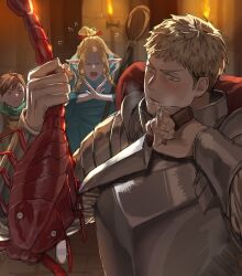 Rule 34 | 1girl, 2boys, absurdres, animal, armor, blonde hair, blue capelet, blue robe, blush, braid, breastplate, brown hair, capelet, chamuring, chilchuck tims, closed eyes, dungeon meshi, green scarf, hair bun, highres, holding, holding animal, holding knife, knife, laios thorden, long hair, long sleeves, marcille donato, multiple boys, open mouth, pauldrons, plate armor, robe, saliva, scarf, short hair, shoulder armor, sweatdrop, twin braids, upper body, v-shaped eyebrows
