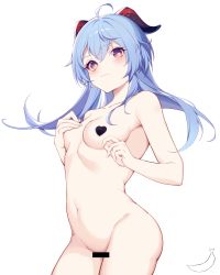 Rule 34 | 1girl, ahoge, bad id, bad pixiv id, bar censor, blue hair, breasts, censored, closed mouth, collarbone, commentary request, ganyu (genshin impact), genshin impact, goat horns, heart pasties, highres, horns, long hair, looking at viewer, medium breasts, navel, pasties, ranshangchen, red eyes, simple background, solo, thighs, white background