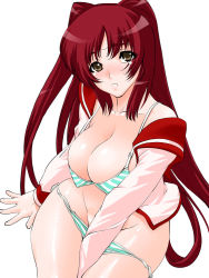 Rule 34 | 00s, 1girl, blush, bra, breasts, brown eyes, cleavage, groin, kousaka tamaki, large breasts, lingerie, long hair, panties, red hair, shinama, simple background, solo, striped bra, striped clothes, striped panties, to heart (series), to heart 2, underwear, very long hair, white background