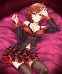 Rule 34 | 1girl, black bra, black thighhighs, bra, breasts, brown hair, cleavage, earrings, garter straps, honey whip (module), jewelry, kirita asami, lace, lace-trimmed legwear, lace trim, large breasts, light smile, long sleeves, looking at viewer, meiko (vocaloid), nail polish, navel, project diva (series), red eyes, red nails, short hair, skirt, solo, sweet devil (vocaloid), thighhighs, underwear, vocaloid