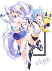 Rule 34 | 2girls, absurdres, animal ears, armpits, asymmetrical legwear, azur lane, bell, black gloves, blue hair, blue skirt, boots, breasts, bright pupils, commentary request, cosplay, costume switch, crop top, detached sleeves, fubuki (azur lane), full body, gloves, hair bell, hair ornament, half gloves, highres, holding hands, interlocked fingers, kandori, long hair, looking at viewer, manjuu (azur lane), medium breasts, micro shorts, miniskirt, multiple girls, navel, neck ribbon, open mouth, pleated skirt, ponytail, ribbon, sailor collar, short hair, short sleeves, shorts, sideboob, sidelocks, silver hair, single thighhigh, purifier (azur lane), skirt, smile, standing, stomach, thigh boots, thighhighs, uneven legwear, very long hair, white legwear, white pupils, yellow eyes, yellow neckwear