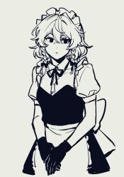 Rule 34 | 1girl, braid, closed mouth, cowboy shot, crossed bangs, expressionless, greyscale, hair between eyes, hair ribbon, izayoi sakuya, looking to the side, maid headdress, monochrome, noriuma, puffy short sleeves, puffy sleeves, ribbon, short sleeves, simple background, sketch, solo, touhou, tress ribbon, twin braids, v arms, white background