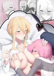 Rule 34 | 2girls, absurdres, artoria pendragon (fate), artoria pendragon (lancer) (fate), blush, breast sucking, breasts, fate/grand order, fate (series), glasses, green eyes, groping, hand on breast, heart, highres, large breasts, mash kyrielight, multiple girls, n.e (sakura-233), pink hair, smile, topless, yuri